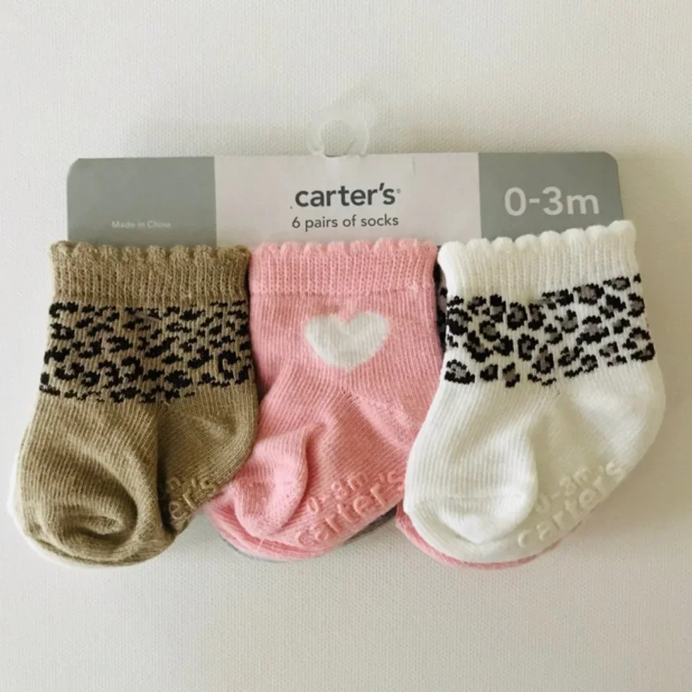 Carter's Baby Girl Newborn 3 Months 6-pk Socks Pink White Tan Heart Cheetah
